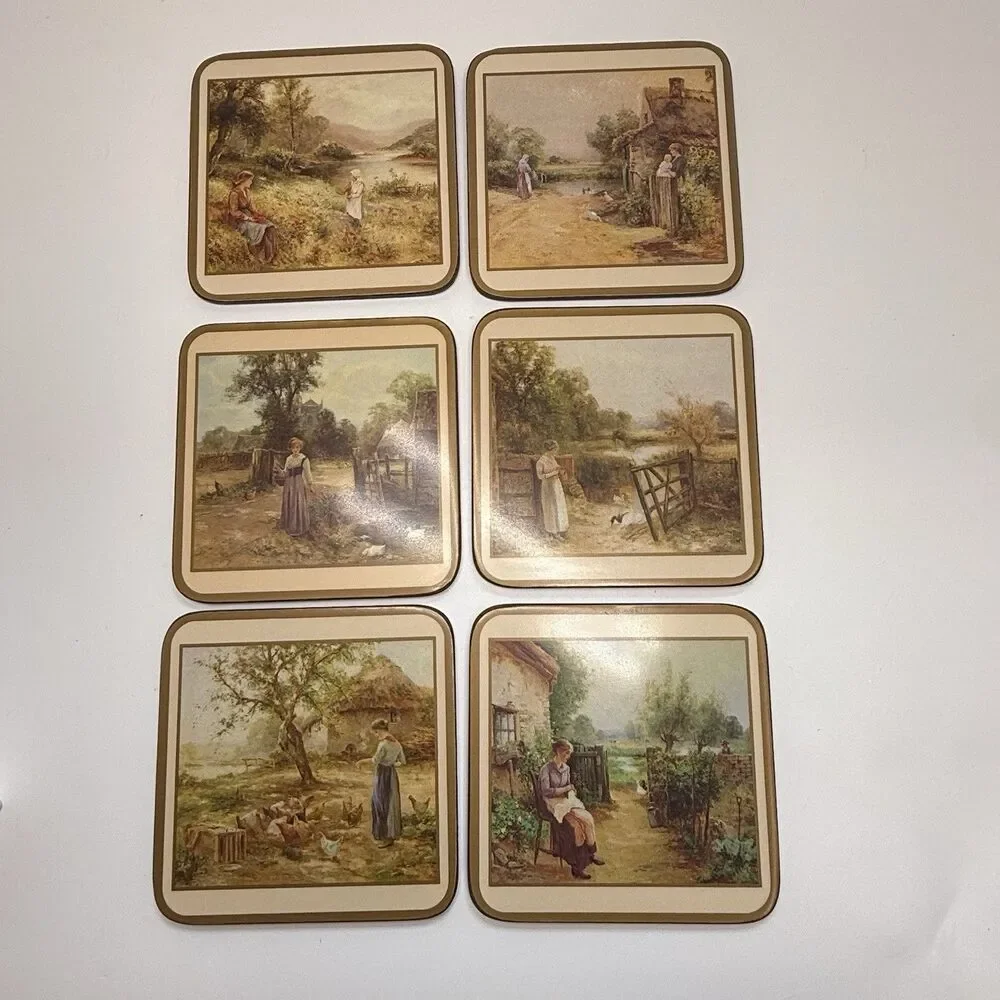 Vintage Pimpernel 6 Pack Coasters “Country Life” Acrylic Cork Back Original Box